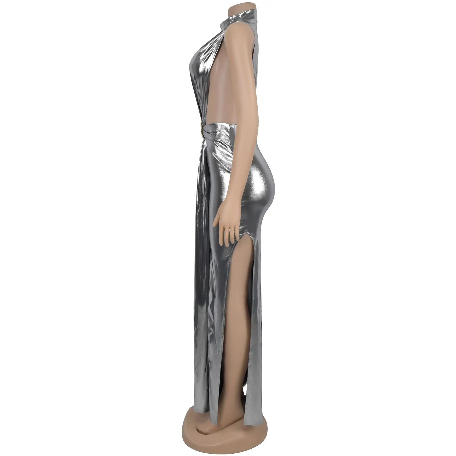 Hudson Square Side Split Ruched Sleeveless Waistless Silky Sexy Metal Button Ribbon Dress