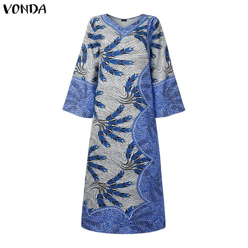Samba Plus Size Bohemian Long V Neck Sleeve Printed Maxi Dress
