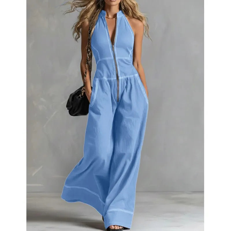 2026 New Summer Women's Jumpsuit Solid Color With Zipper Casual Loose Fashion Comfortable Unique Retro Niche Commuting Jumpsuit