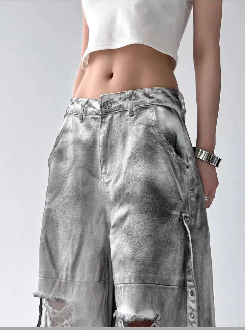 Jeans American High Street Ripped Straight Wide-Leg Jeans For Women Design