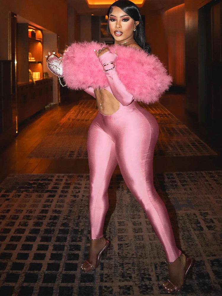 Branford Furry Slash Neck Hipster Patchwork Trend Sexy Hollow Stretch Jumpsuits