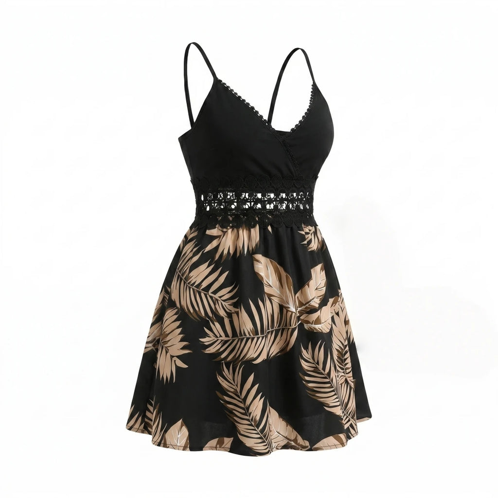 Tropical Palm Print Cami V Neck Hollow Lace Waist Back Zipper Beach Sundress Mini Dress