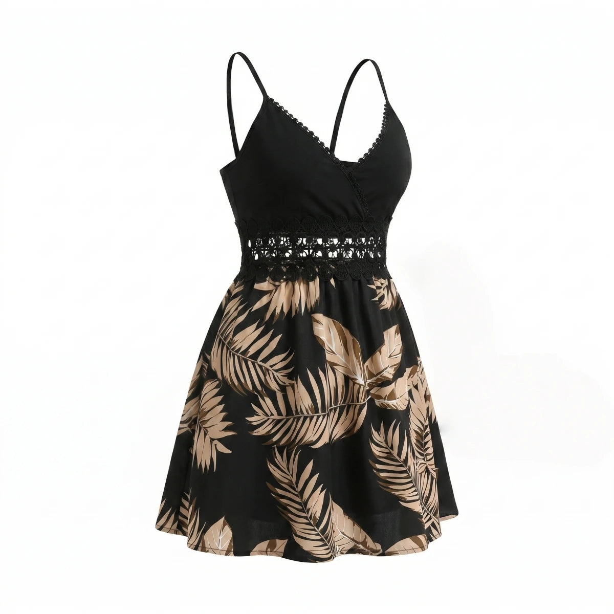 Tropical Palm Print Cami V Neck Hollow Lace Waist Back Zipper Beach Sundress Mini Dress