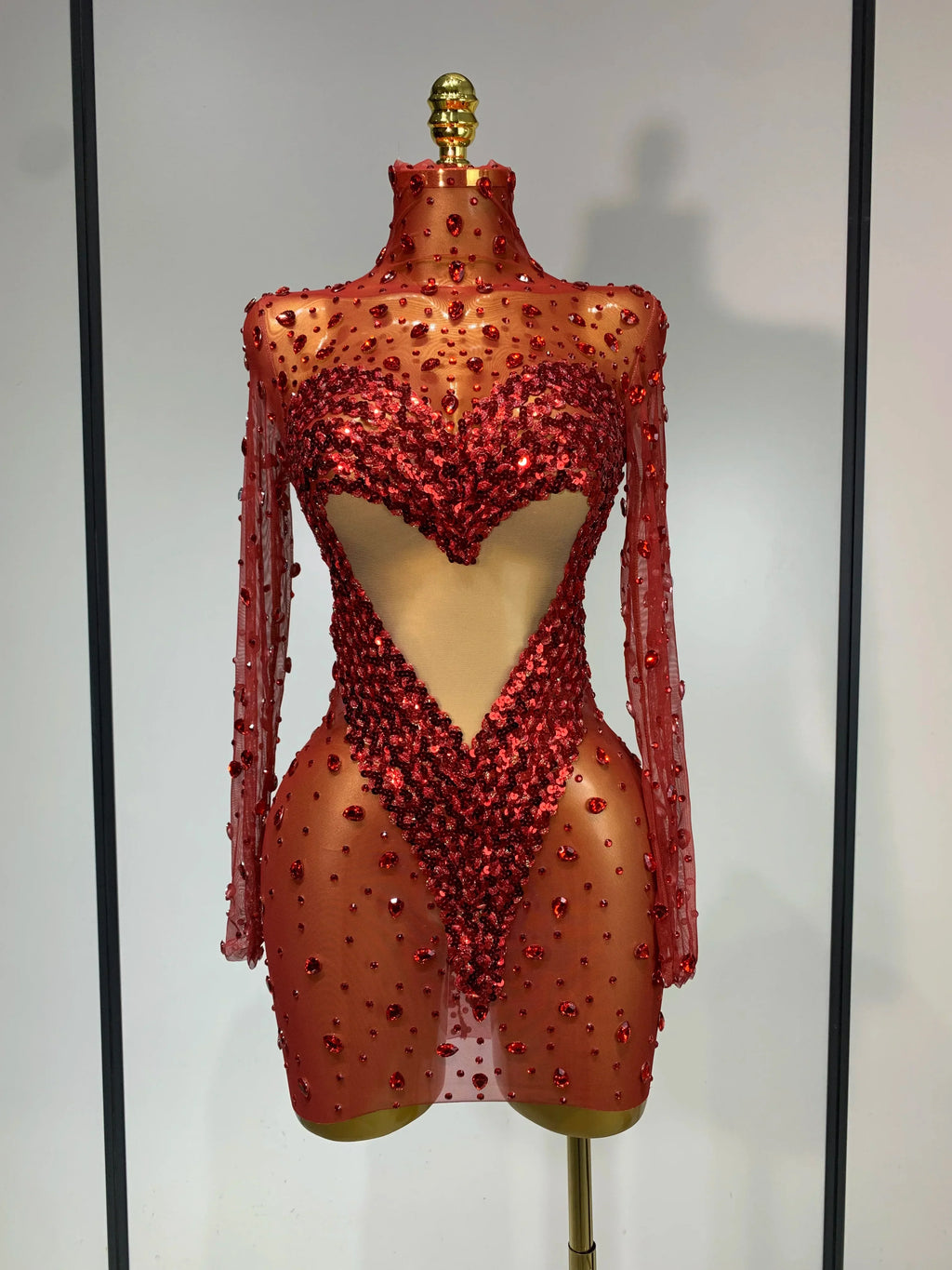Ithaca High Quality Rhinestone Sequin Sexy See Through Mesh Mini Dress