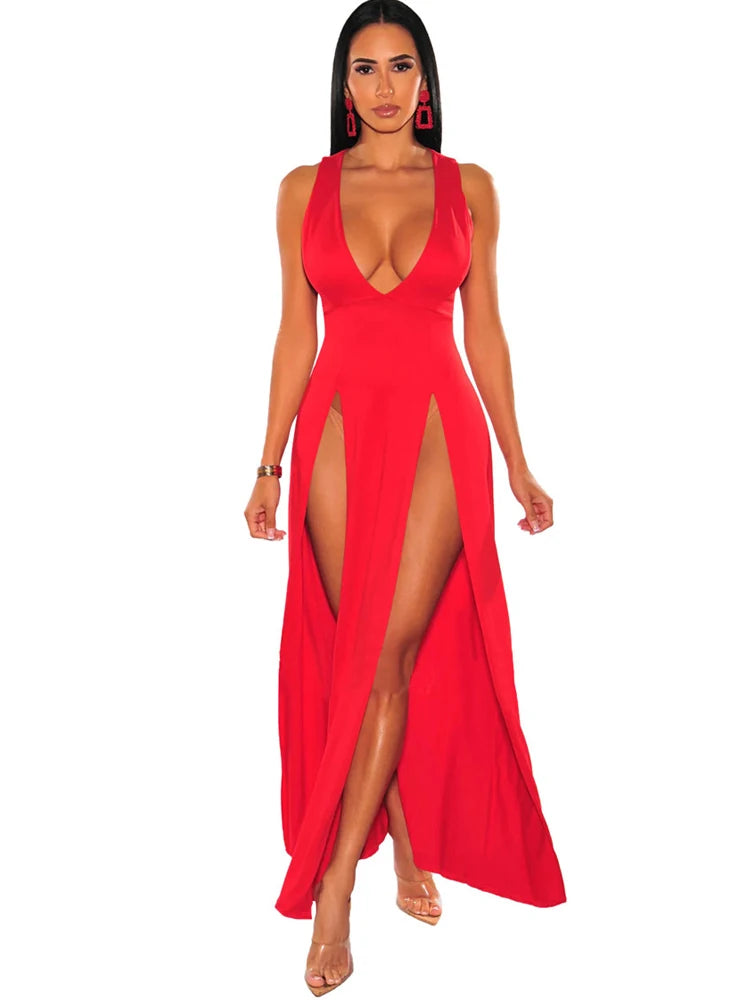 Byram Sexy Deep V Neck High Split Bodycon Cocktail Party Maxi Dress