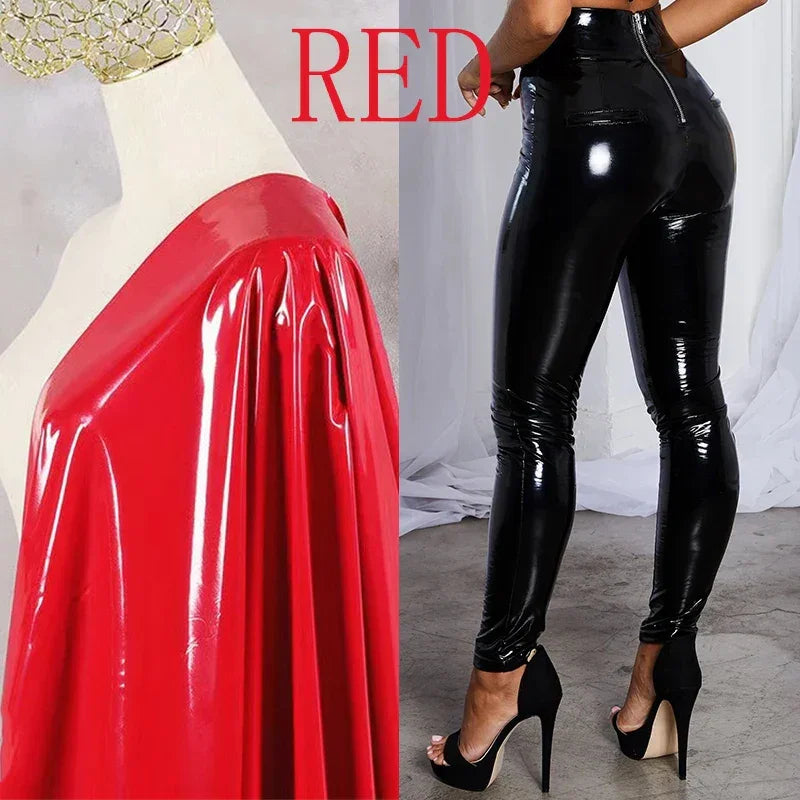 Hainesburg High Waist Shiny Colorful Laser Fuax Latex Trousers
