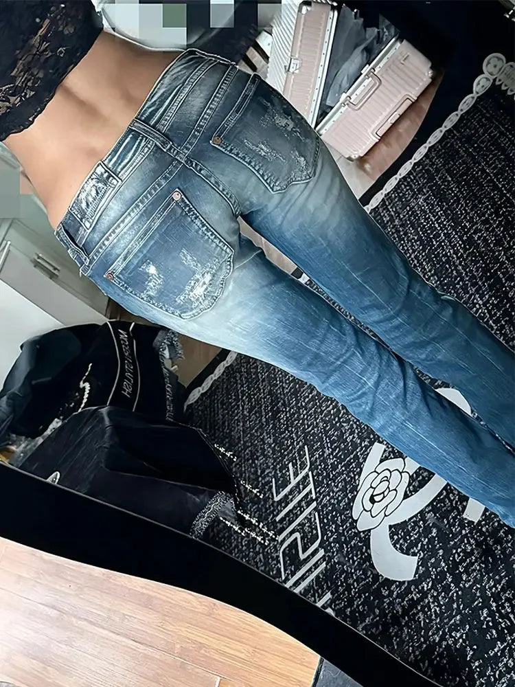 Howell Vintage Washed Ripped Retro Low Rise Slim Denim