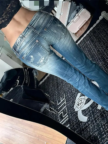 Howell Vintage Washed Ripped Retro Low Rise Slim Denim