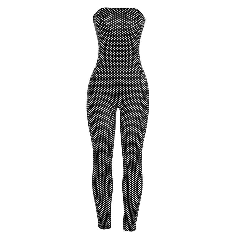 Cobble hill Polka Dot Print Strapless Skinny Midnight Tight Stretch Workout Activity Jumpsuit