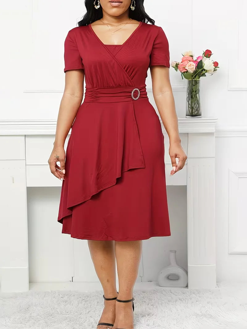 Plus Size Elegant Square Neck Casual Fit And Flare Solid Color Cocktail Party Midi Dress