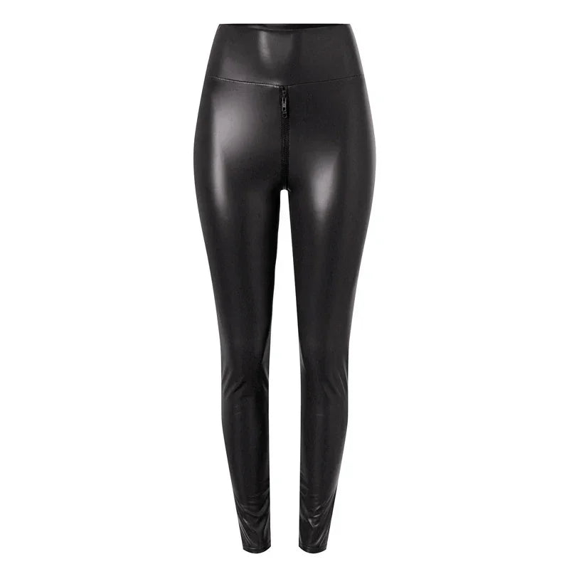Albany Black Matte Leather Open Crotch Slim Faux Leather Trousers