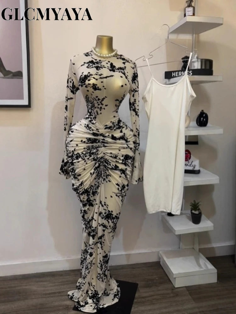Peru Long Sleeve Stacked Mesh See Though with Lining Bodycon Long Dress