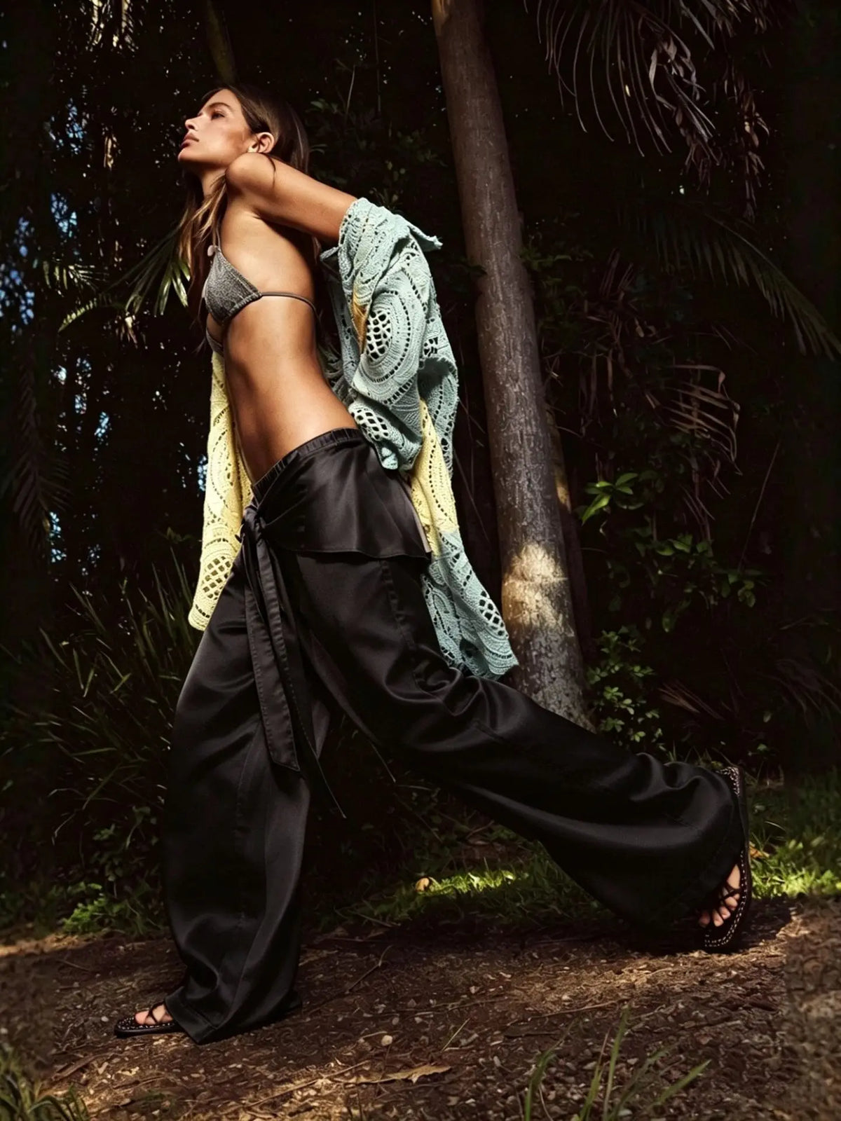 Boca Chica Tie Waist Foil Satin Wide Leg Boho Lazy Casual High Waist Pants