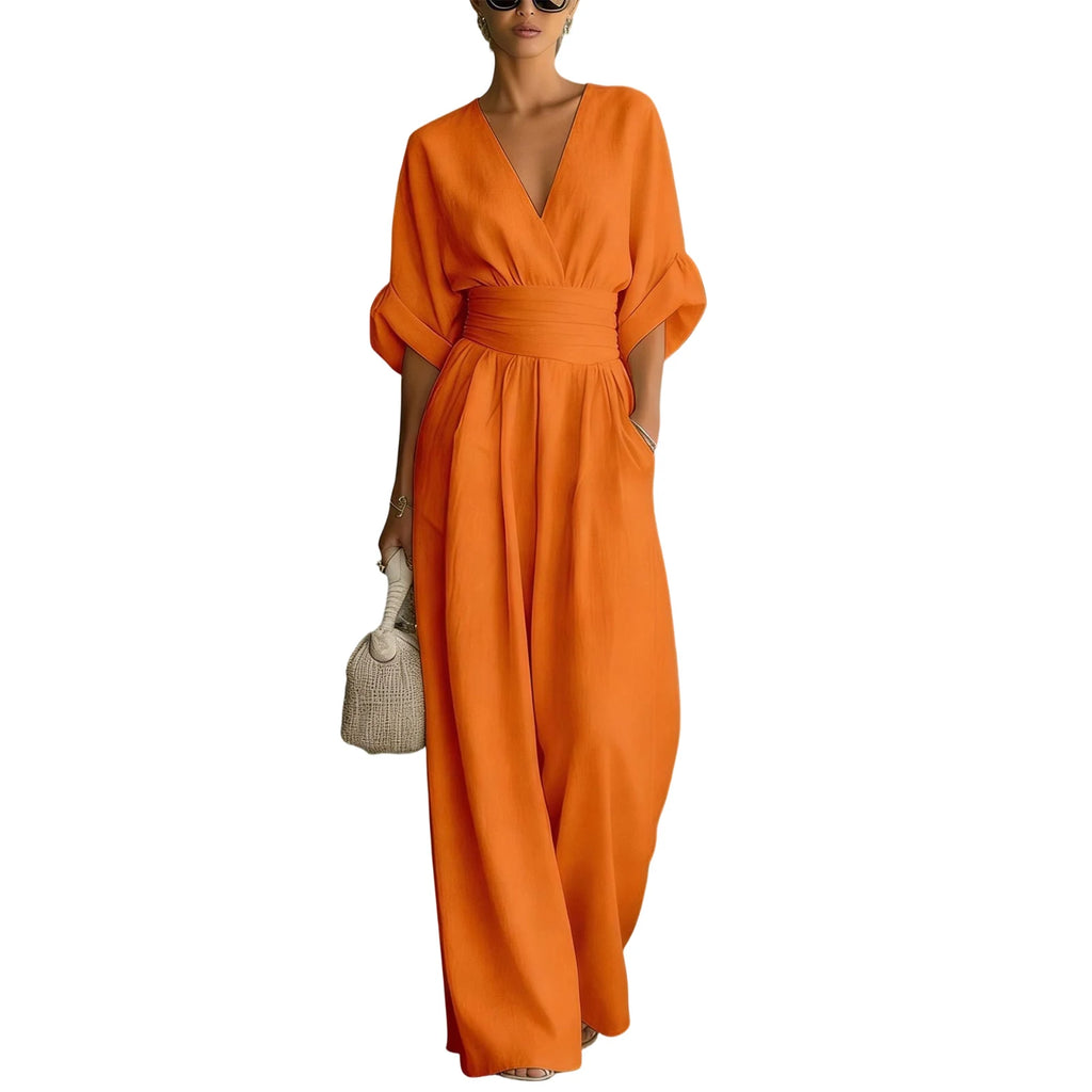 Women's Jumpsuit Fashion High Waist V-neck Casual Jumpsuits Sexy Solid Color Office Wide Leg Trousers Overalls Vacation Outfit