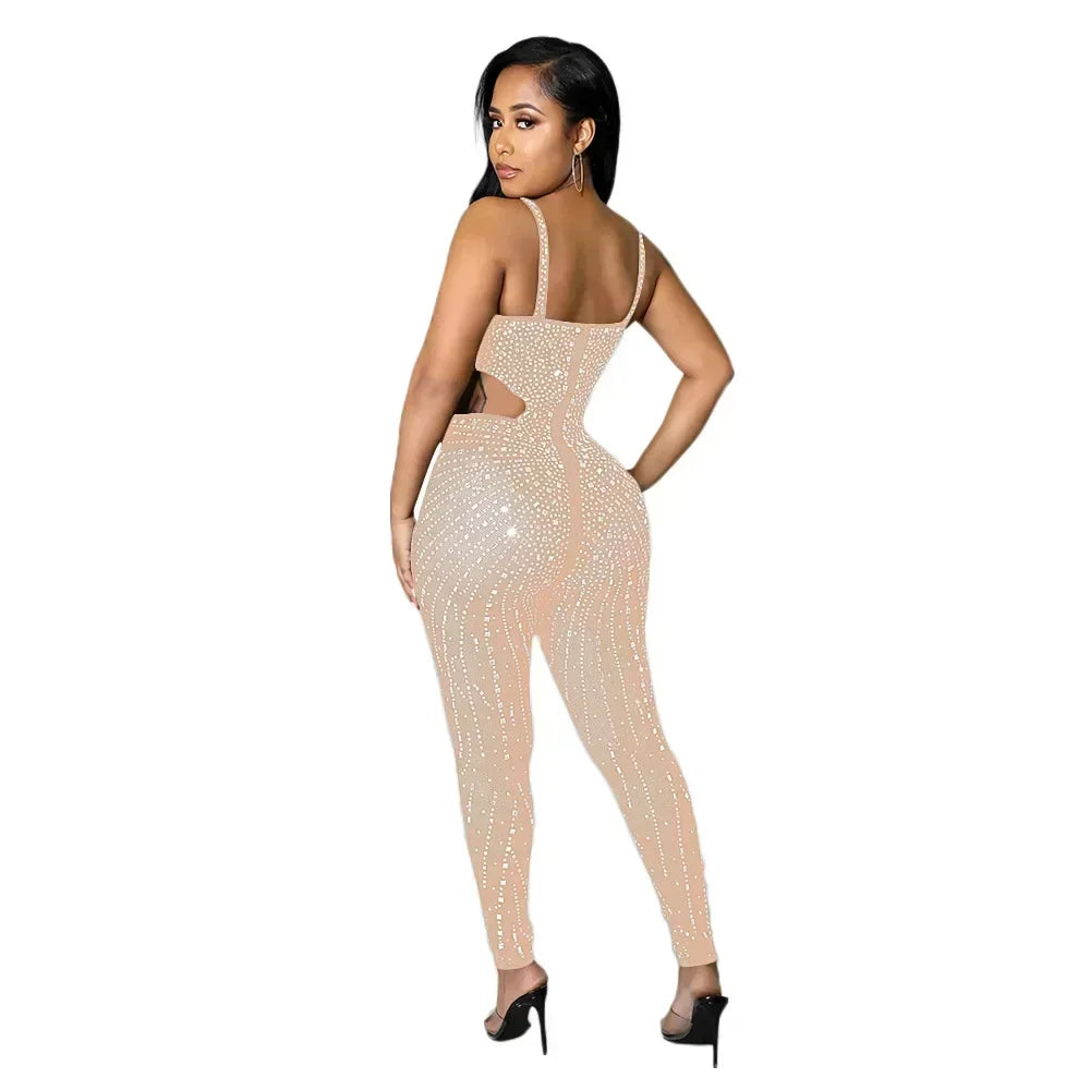 Gramercy Park Fashion Sexy Mesh Perspective Hot Drill Sleeveless Halter Jumpsuit