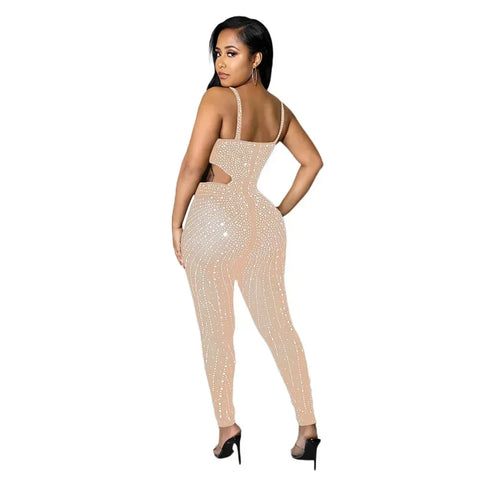Gramercy Park Fashion Sexy Mesh Perspective Hot Drill Sleeveless Halter Jumpsuit