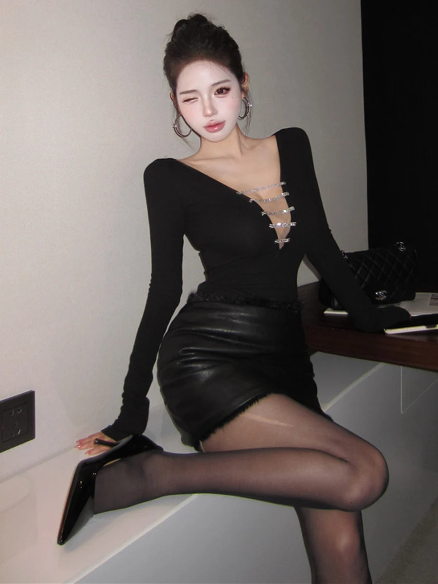 Lia Sexy Deep V Neck Long Sleeve Two Piece Sets