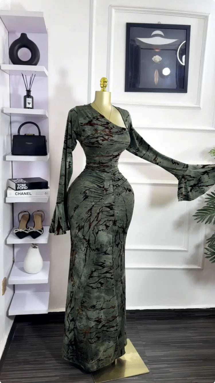 Vermella Printed Skew Neck Flare Long Sleeve Ruched Long Dress