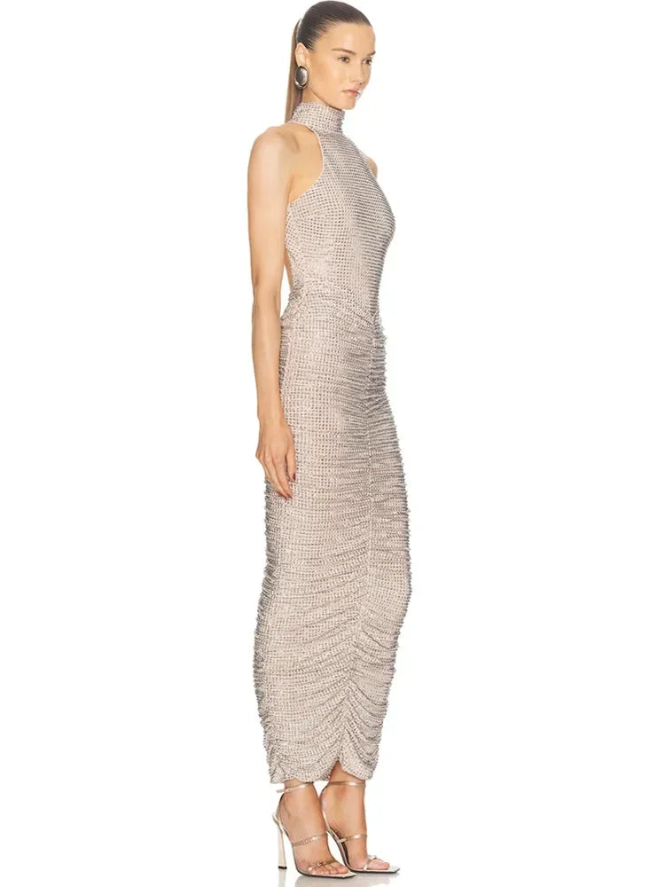 Yaphank Sleeveless Diamonds Backless Ruched Beige Maxi Long Dress