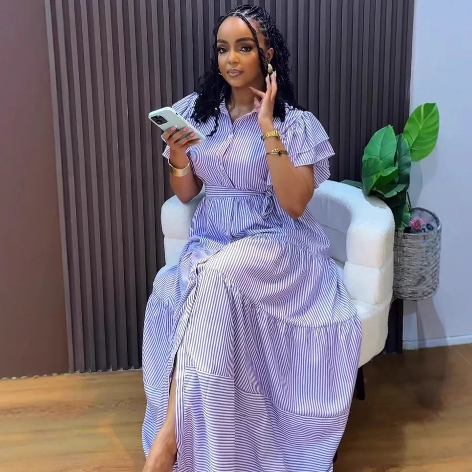 Rutherford Striped Butterfly Sleeve Loose High Waist Single Breasted Casual Long Dress