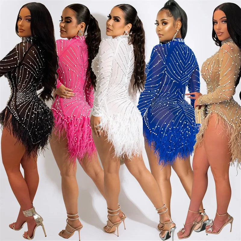 Whippany Pearls Rhinestone Party Elegance Nightclub Feather Mini Dress