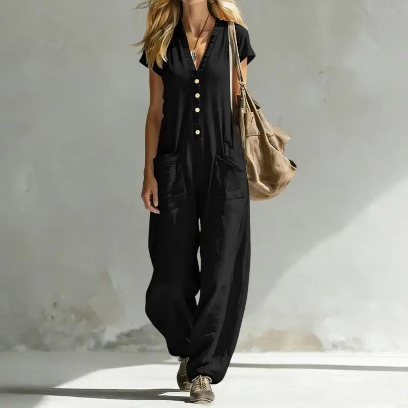 Jumpsuits for Women Linen Button Sleeve Jumpsuits Wide Leg V Neck Rompers Vacation Clothes with Pockets 6XDA