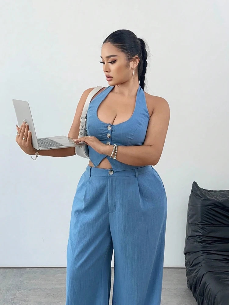 Pamela Plus Size Tie Neck and Casual Two Piece Sets