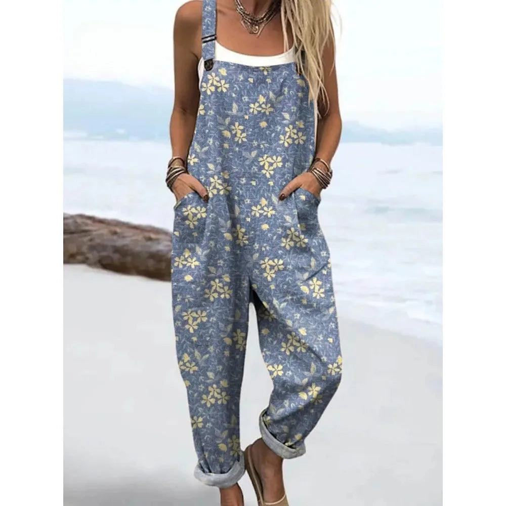 Summer Floral Romper Overalls Breathable & Comfortable Women's Jumpsuit with Pockets Adjustable Straps Romper for Streetwear