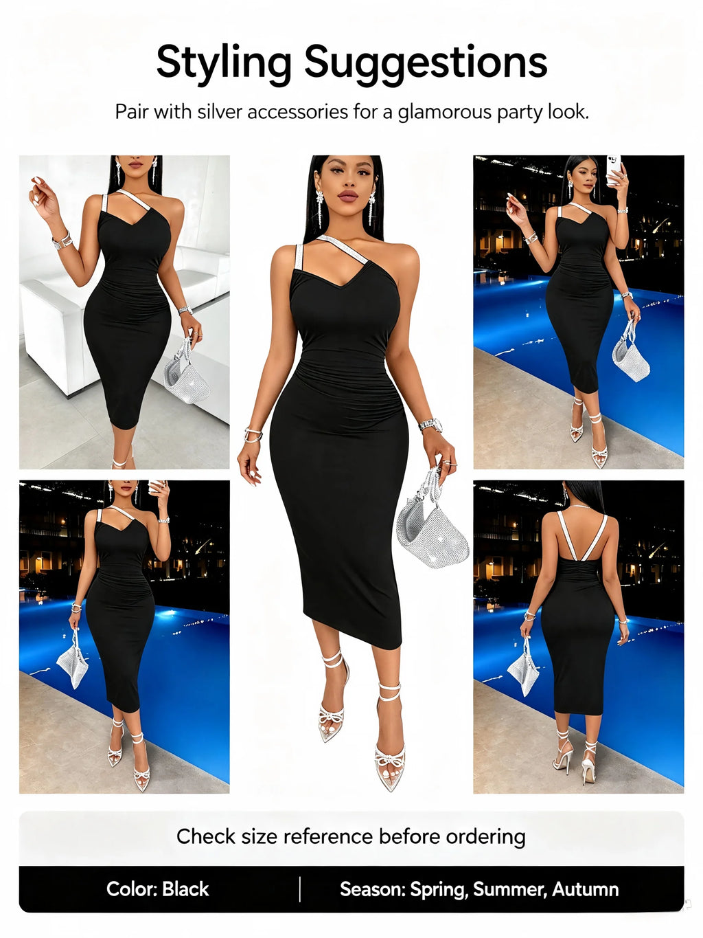England Sparkly Strap One Shoulder Sleeveless Ruched Evening Midi Bodycon Dress