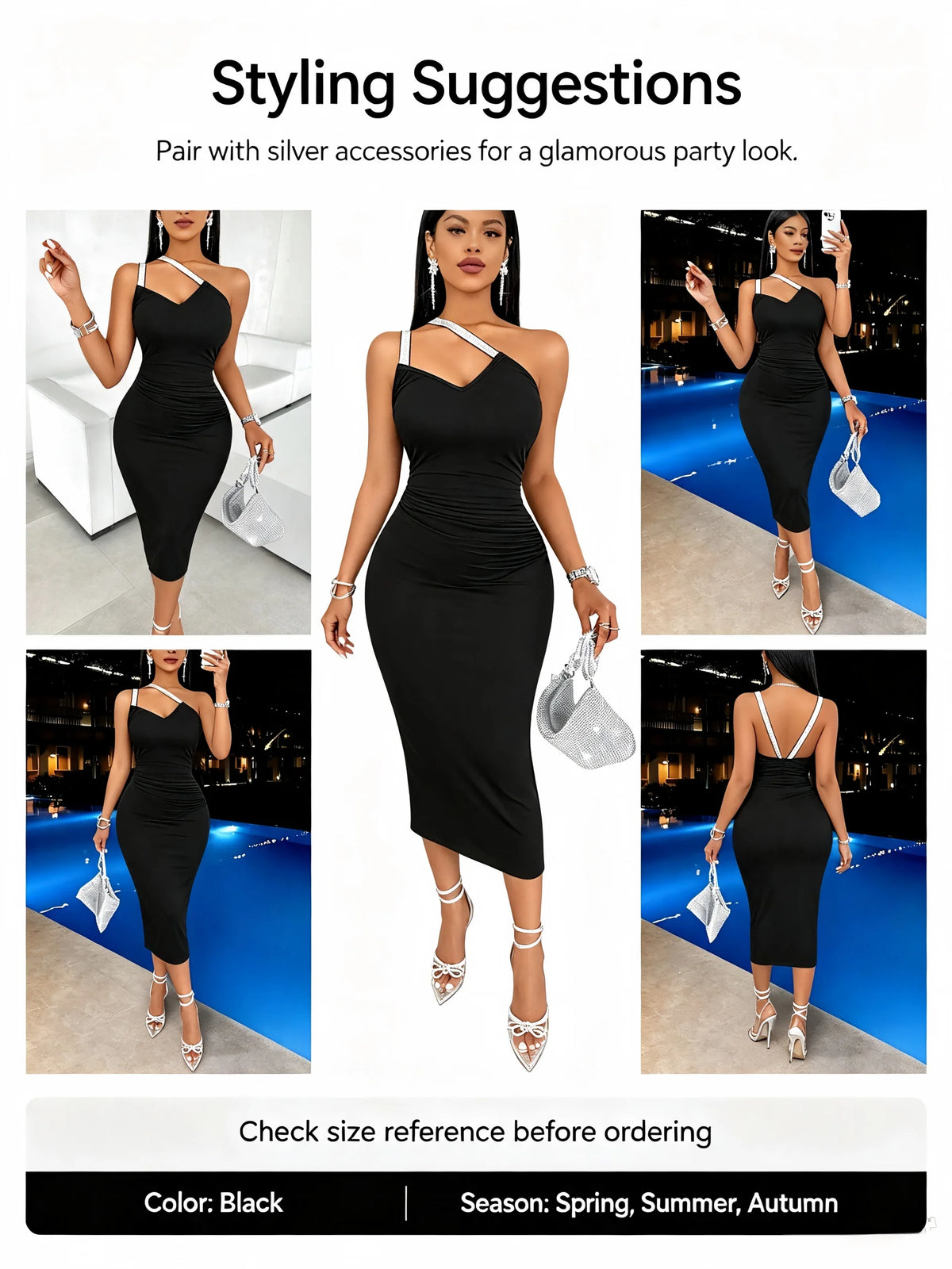 England Sparkly Strap One Shoulder Sleeveless Ruched Evening Midi Bodycon Dress