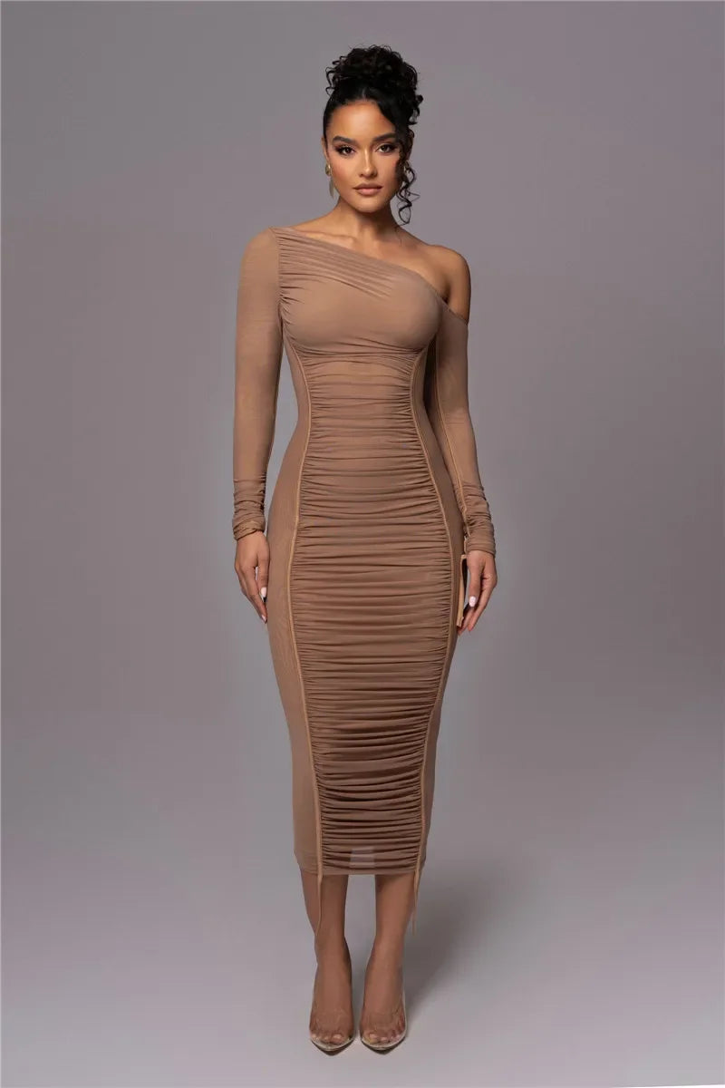 Dyker Heights Diagonal Collar Long Sleeve Mesh Backless Ruched Bodycon Midi Dress