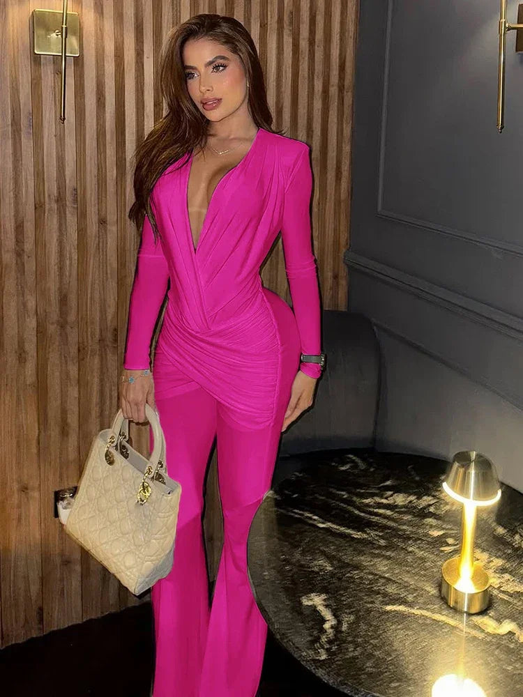 Rochester Puss Cross Ruched Patchwork Deep v-Neck Elegant Jumpsuit