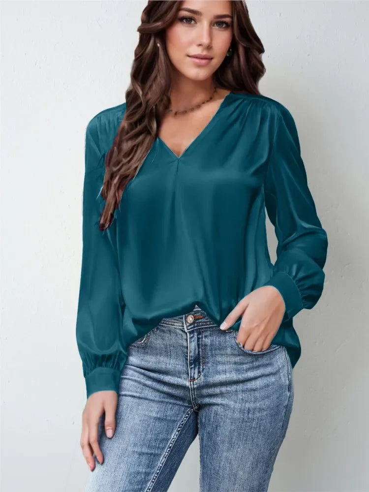 Elmer Solid Color V-Neck Long Sleeve Office Loose Elegant Blouse
