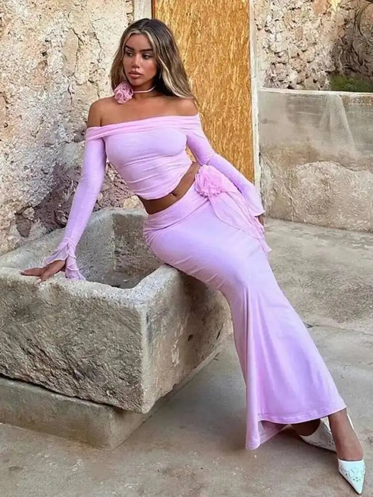 Greyci Strapless Pleat Flower Sexy Two Piece Sets