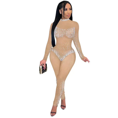 Union Square Fashion Sexy Mesh Perspective Hot Drill Long Sleeve Jumpsuit