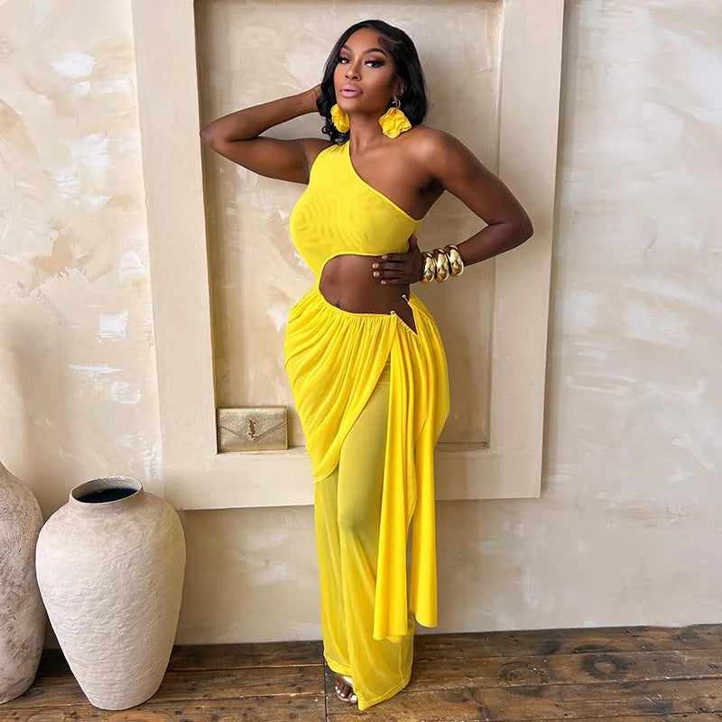 Alabama Mesh See Through One Shoulder Cutout Waist Jumpsuit Draped Overlay