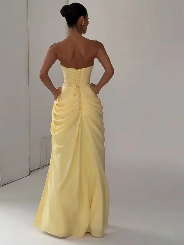 Tapansee Solid Sexy Pleated Strapless Off Shoulder Backless High Waist Split Maxi Dress