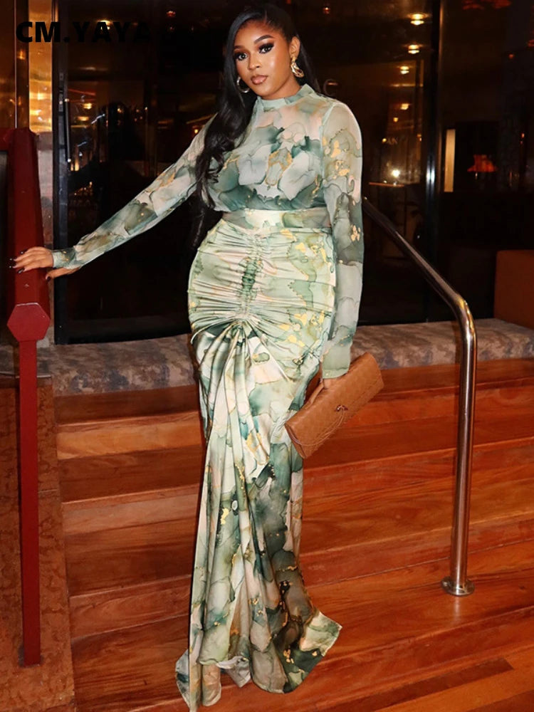 Long Sleeve Combo and Drawstring Ruched Maxi Long  Outfit Sets