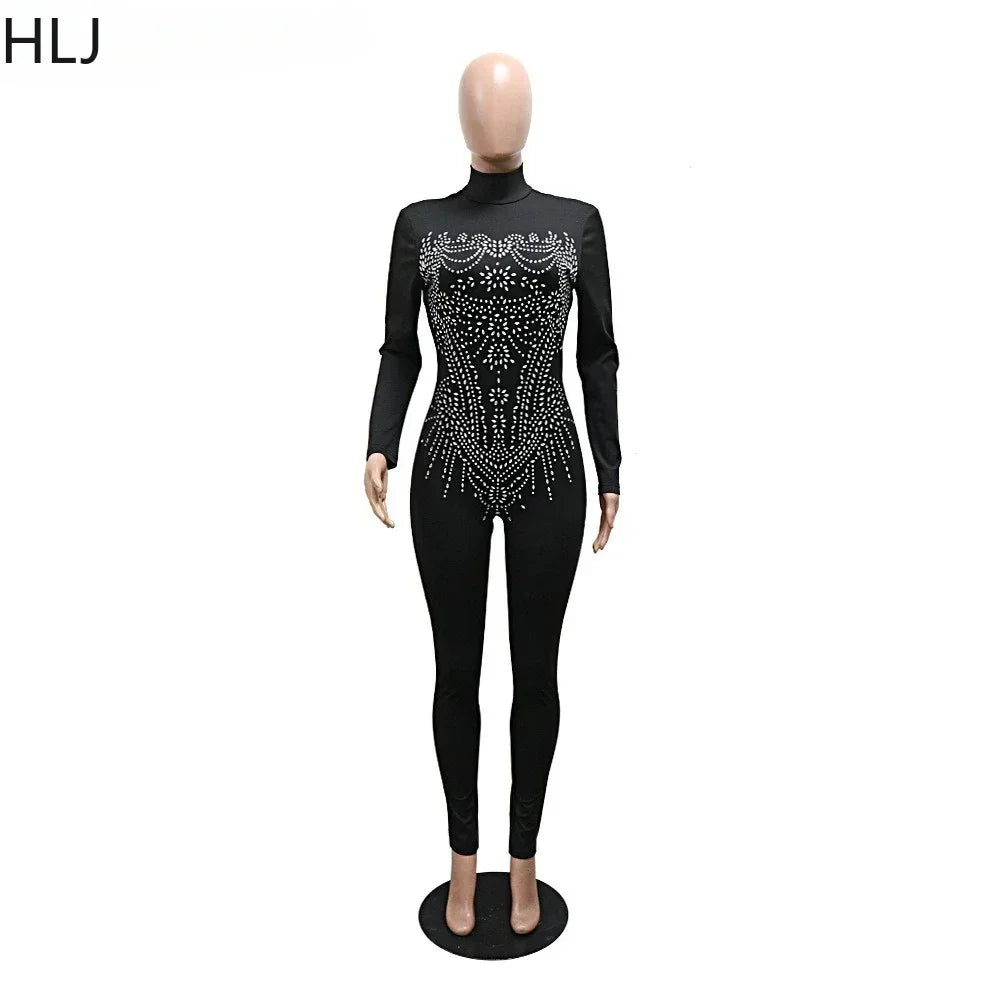 Upper East Sexy Rhinestone Patchwork Solid See Through Sparkling Jumpsuit