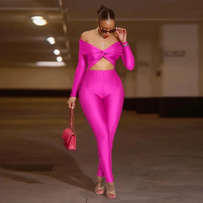 Oneida Hollow Out Sexy Party Clubwear Long Sleeve Slash Neck Crop Jumpsuits
