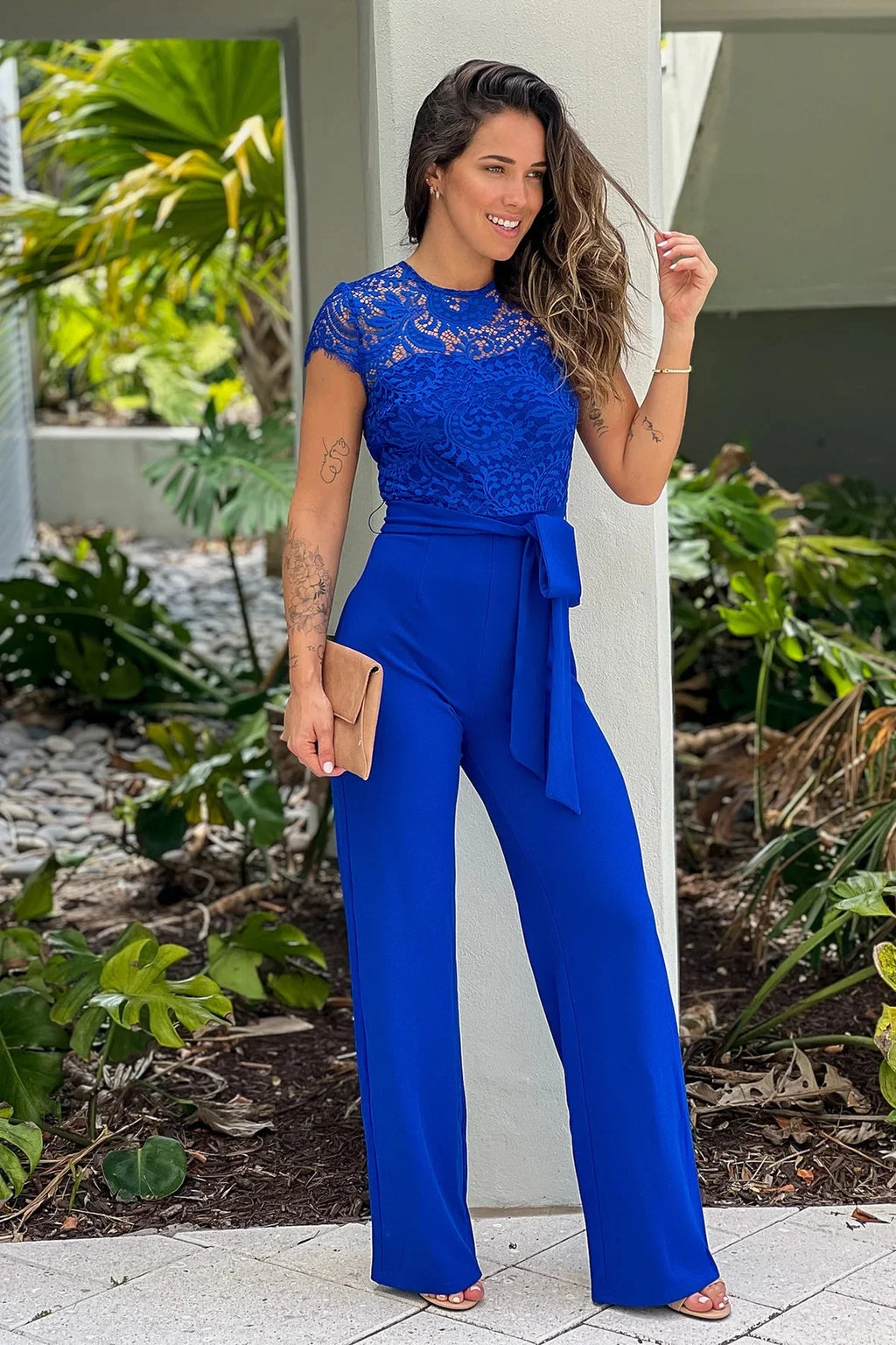 Jumpsuit Women Round Neck Lace Cap Sleeve Waist Tie Solid Wide Leg Elegant
