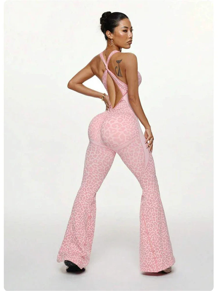 Reading Leopard Sportwear Sleeveless Backless Flare Jumpsuits