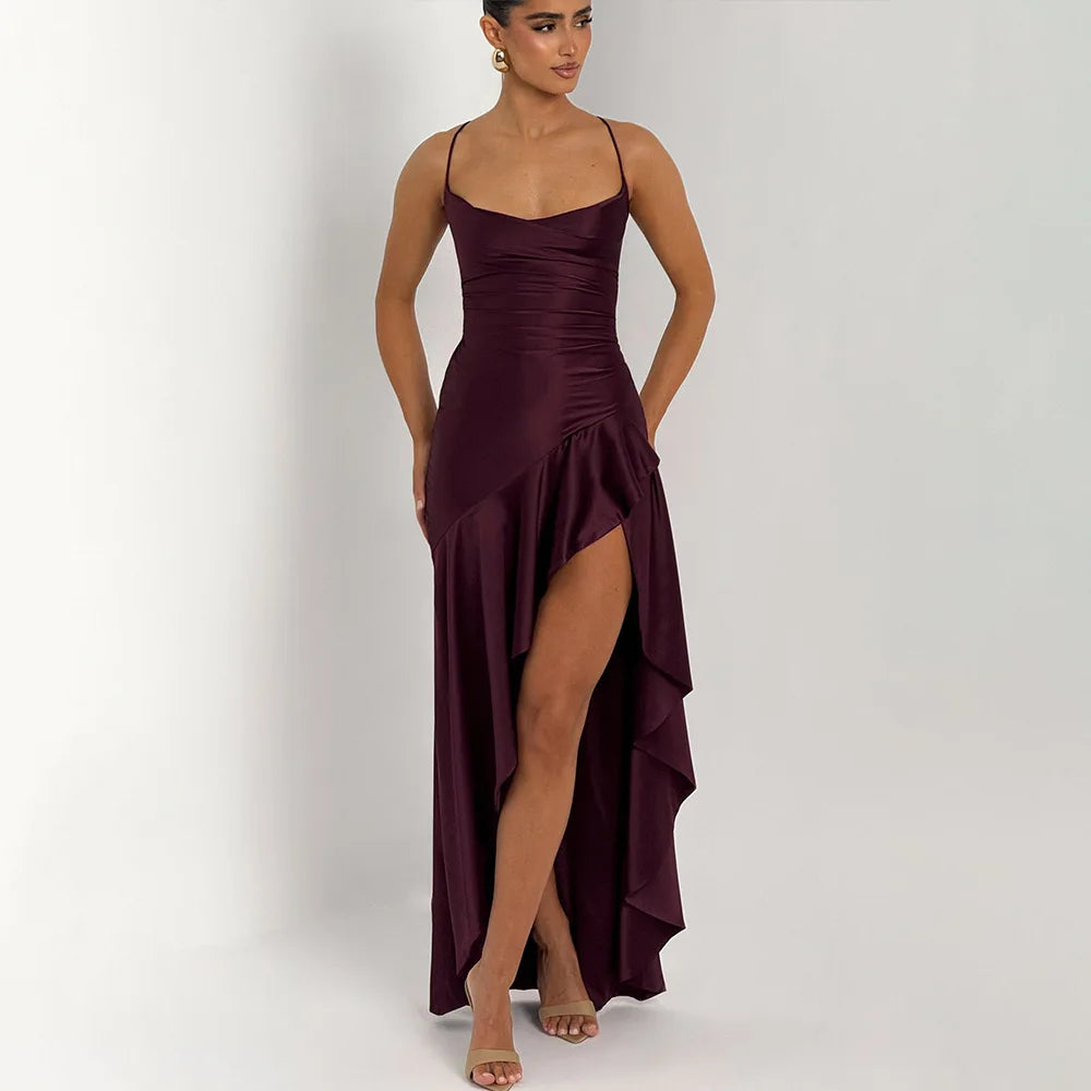 Stony Point Satin Long Dr with High Slit And Lace Trim Charming Dress