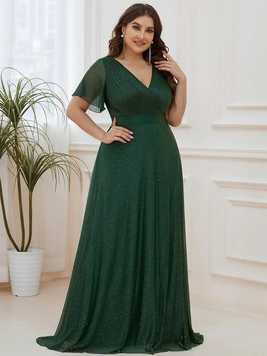 Gazcue Plus Size Chiffon Mother of the Bride Party Glitter V Neck A Line Dress