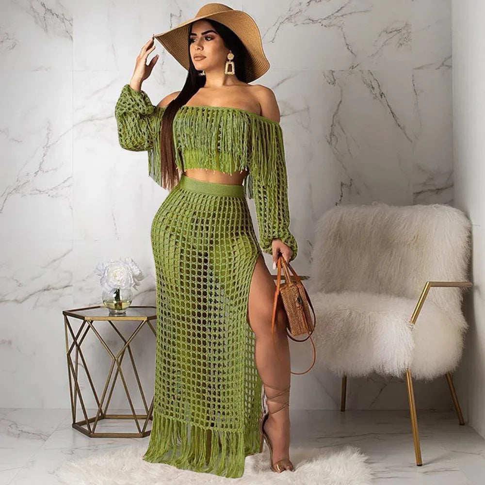 Off Shoulder Tassel Hollow Out Beach Set
