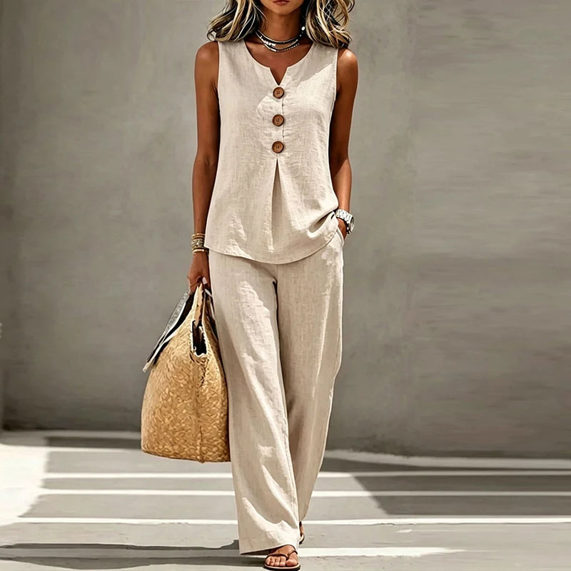 Merida Summer Sleeveless V Neck Button Two Piece Sets