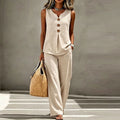 Merida Summer Sleeveless V Neck Button Two Piece Sets