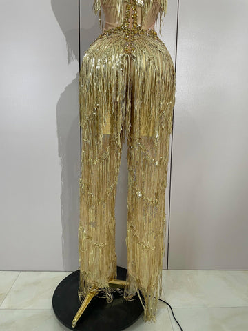 Watkin Glen Sparkly Black Rhinestones Sequined Fringe jumpsuit
