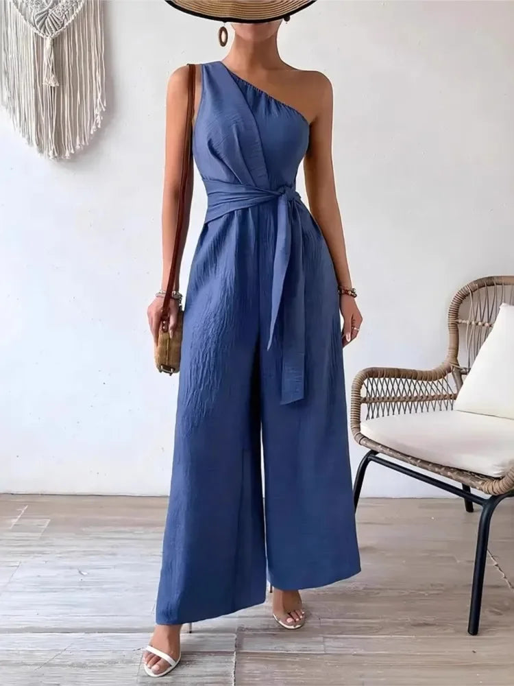 Detroit Fashion Sleeveless Diagonal Collar High Waist Lace-up Wide Leg Jumpsuits