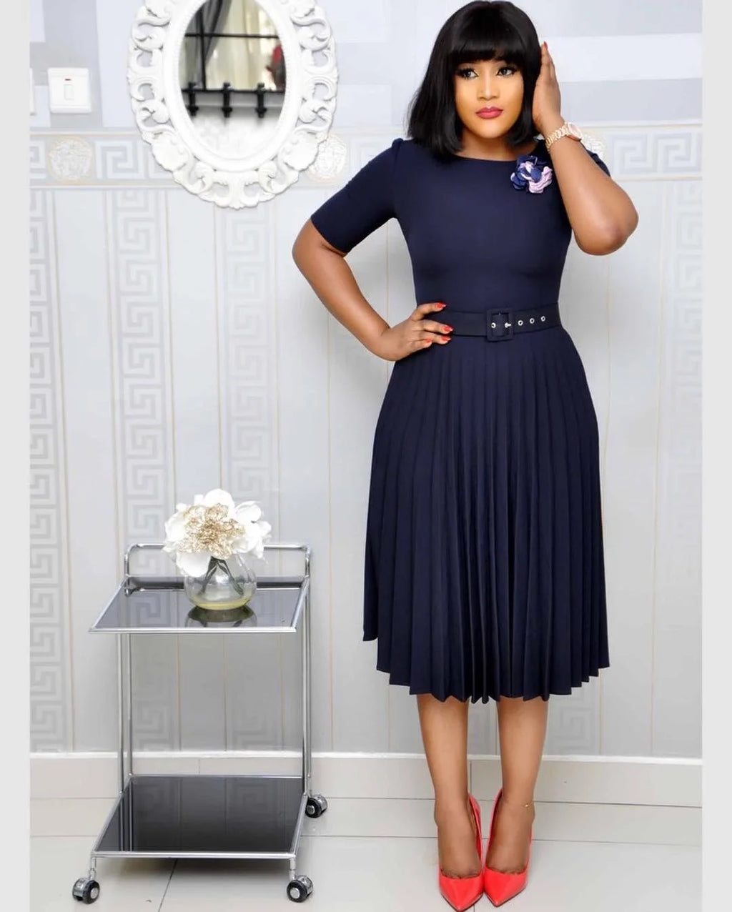 Cincinnati Plus Size Pleated Ladies O Neck Solid With Belt Mid-Calf Office Dress